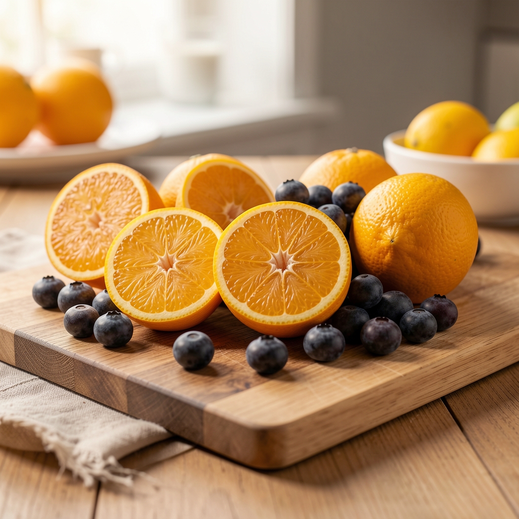Félbevágott citrusfélék és bogyós gyümölcsök reggeli fényben, fa vágódeszkán elrendezve